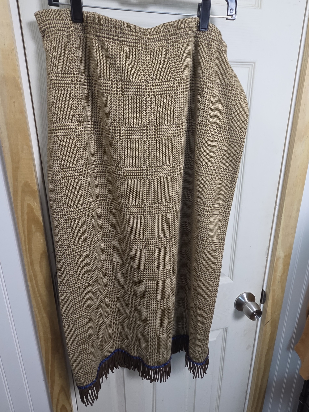 Vintage Nina Leonard Tan Plaid Fringe Maxi Skirt #0384